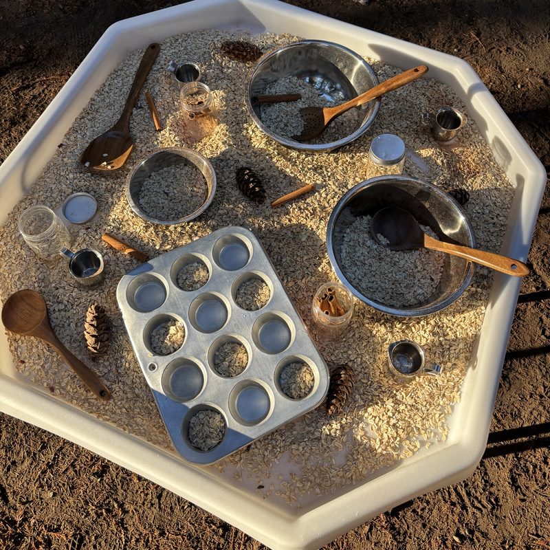 A white tray of dry oats set out in a patch of sunshine, with a muffin tin, metal bowls, wooden spoons, cinnamon sticks, and pinecones