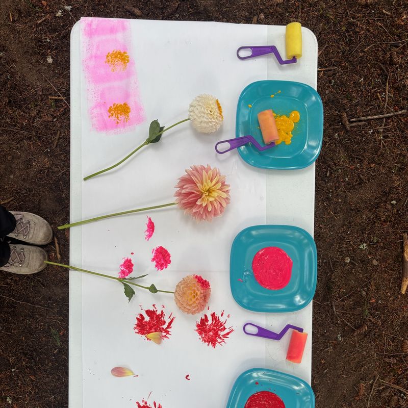 Foam rollers and pink paint on the class canvas, with dahlias laid on top