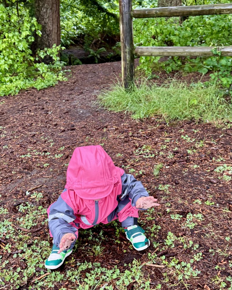 A toddler in a pink rain suit and sneakers crouching on a wet forest trail with muddy hands