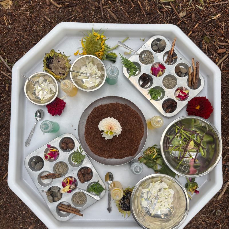 A mud kitchen tray with a soil pie topped with a dahlia, muffin tins of seeds, stones, and petals, and bowls of flower petals