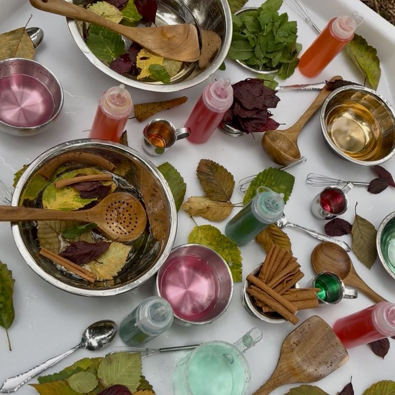 A mud kitchen tray set up with leaf soup, cinnamon sticks, colored water, wooden spoons, whisks, and squeeze bottles